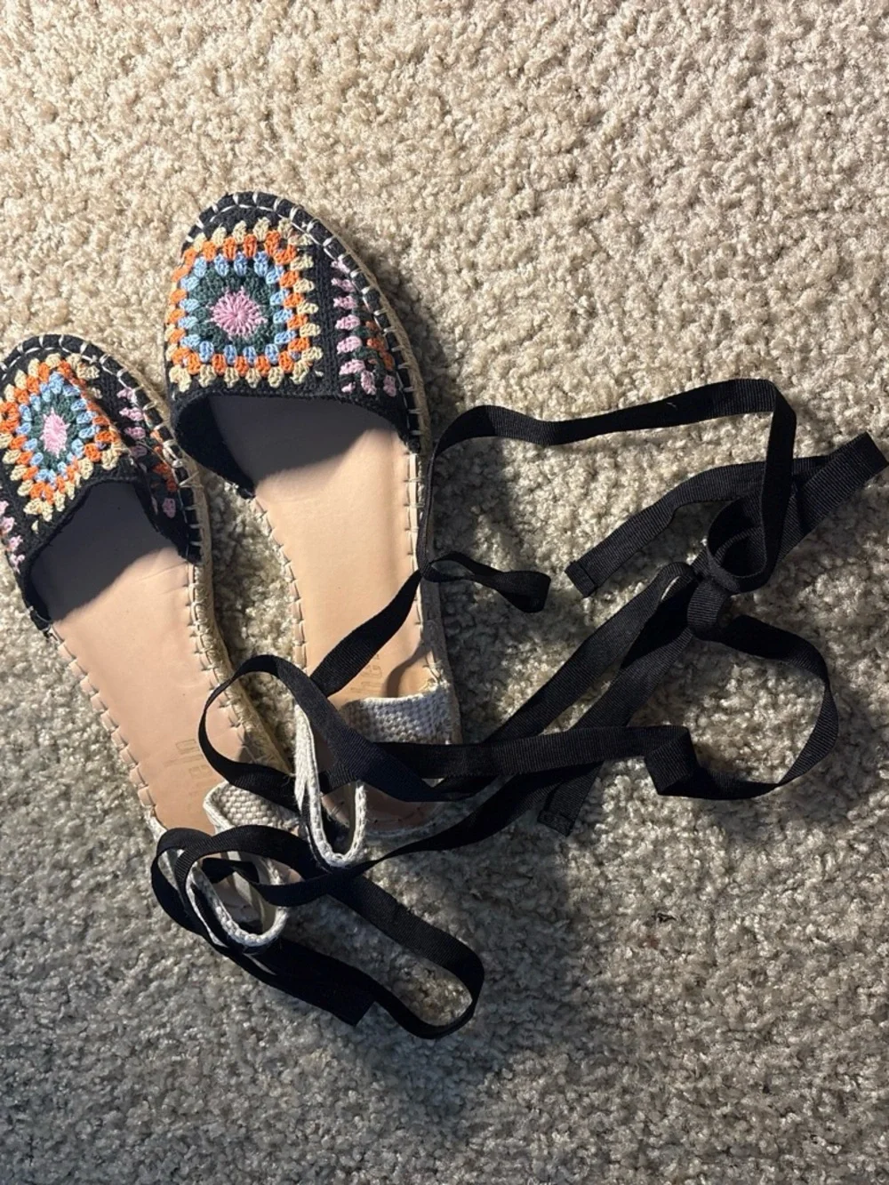 Black Crochet Lace-Up Espadrilles with Multicolor Accents